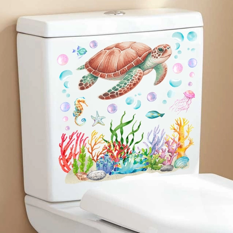Summer Ocean Animal Toilet Sticker PVC Waterproof Sea Turtle Dolphin Watercolor Decal For Bathroom Washroom Decoration