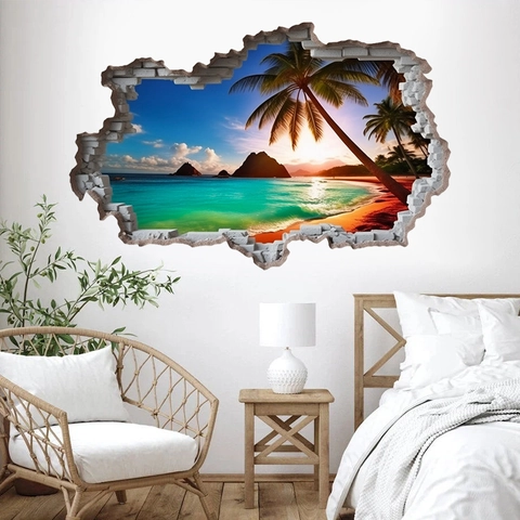 3D Broken Wall Effect Tropical Beach Sunset Wall Sticker PVC Self Adhesive Landscape Wall Mural Decor For Living Room