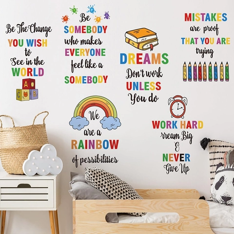 Adesivi Murali Con Citazioni Ispiratrici Arcobaleno Acquerello Per Camera Bambini Classe PVC Cartone Animato Motto Positivo Decalcomanie Casa