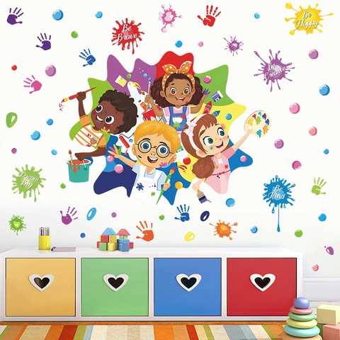 Cartoon Kids Painting Art Wall Stickers Multicolor PVC Ink Splashes Motivational Quotes Decals For Nursery Classroom Nursery Decor