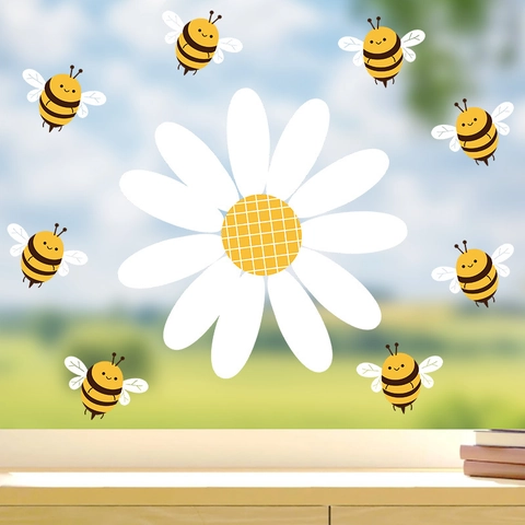 Cartoon Gänseblümchen Biene Wandaufkleber Selbstklebend PVC Abnehmbar DIY Kunst Wandtattoo Für Kinderzimmer Badezimmer Dekoration