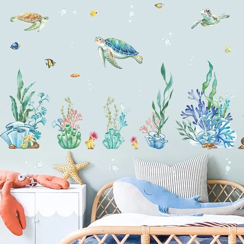 Aquarel Oceaan Wereld Zeeschildpad Koraal Tropische Vissen Muurstickers Waterdicht PVC Decal Voor Badkamer Kinderkamer Decor