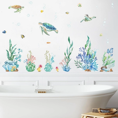 Aquarel Oceaan Wereld Zeeschildpad Koraal Tropische Vissen Muurstickers Waterdicht PVC Decal Voor Badkamer Kinderkamer Decor