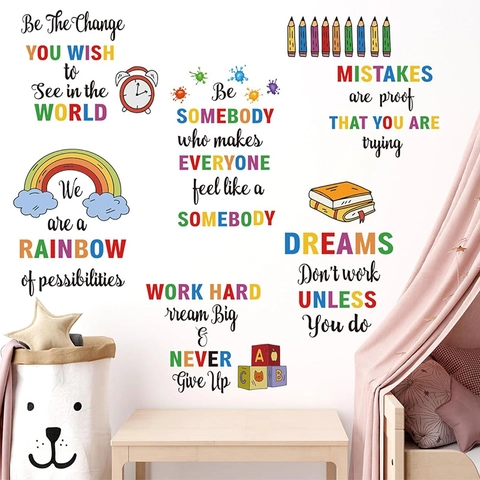 Adesivi Murali Con Citazioni Ispiratrici Arcobaleno Acquerello Per Camera Bambini Classe PVC Cartone Animato Motto Positivo Decalcomanie Casa