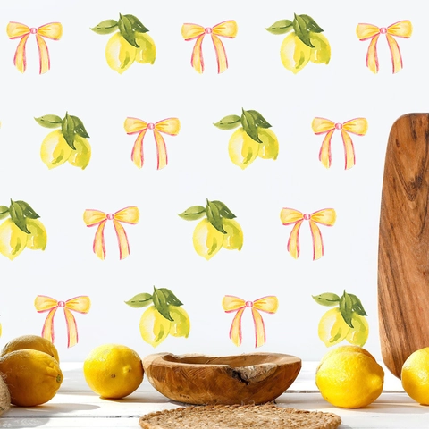 Adesivi da Parete Acquerello Limone Fiore Fiocco in PVC Rimovibili Impermeabili per Camera da Letto Soggiorno Cucina Casa