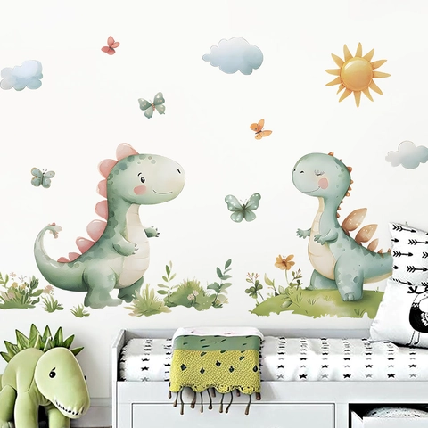 Boheemse Aquarel Dinosauriër Muurstickers Voor Kinderkamer PVC Zelfklevend Cartoon Wolken Zon Kinderkamer Decoratie