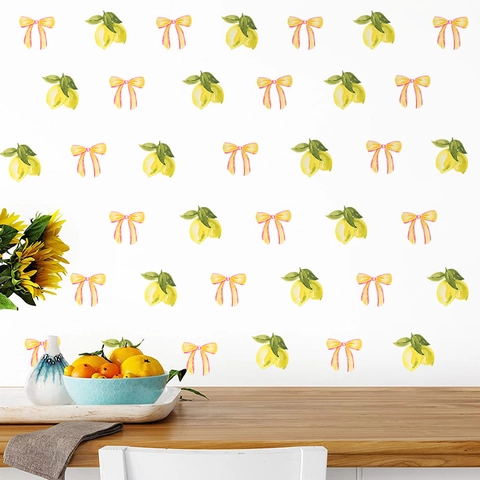 Adesivi da Parete Acquerello Limone Fiore Fiocco in PVC Rimovibili Impermeabili per Camera da Letto Soggiorno Cucina Casa