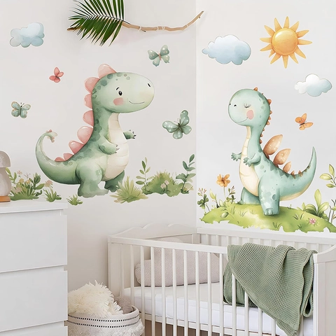 Boheemse Aquarel Dinosauriër Muurstickers Voor Kinderkamer PVC Zelfklevend Cartoon Wolken Zon Kinderkamer Decoratie