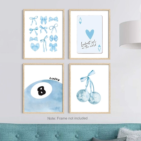 Moderner Blauer Leinwand Wandkunst Unbespannt Aquarell Schleife Glückskugel Disco Kirsche Drucke Für Wohnzimmer Schlafzimmer Bad Dekor