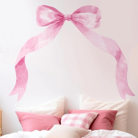 Stickers Muraux Nœud Rose Aquarelle Grandes Décalcomanies de Ruban pour Chambre de Fille Crèche Chambre à Coucher Style Bohémien Décor Mural DIY en PVC