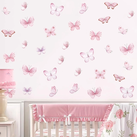 Adesivi Murali Farfalla Rosa Acquerello Bohemien per Camera da Letto Ragazze Nursery Home Decor PVC DIY Murale Decalcomania