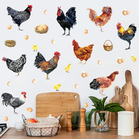 Farm Animal Chicken Wall Stickers PVC Waterproof Hand Drawn Hen Rooster Chicks Decals For Kitchen Dining Room Home Decor