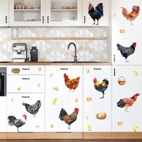 Farm Animal Chicken Wall Stickers PVC Waterproof Hand Drawn Hen Rooster Chicks Decals For Kitchen Dining Room Home Decor