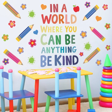 Stickers Muraux Motivants Avec Citation Be Kind Pour Salle De Classe Chambre D'enfants Crayon Dessin Animé Fleur PVC Autocollant Décalcomanies Éducatives