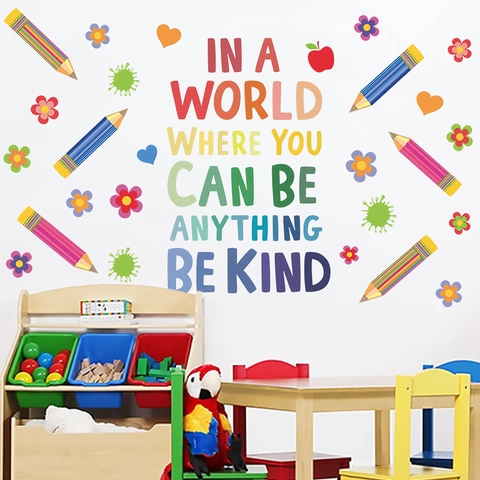 Stickers Muraux Motivants Avec Citation Be Kind Pour Salle De Classe Chambre D'enfants Crayon Dessin Animé Fleur PVC Autocollant Décalcomanies Éducatives