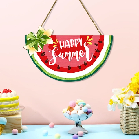Targa in Legno di Anguria Estiva Welcome Happy Summer Placca da Appendere alla Porta Decorazione Murale in Legno di Pioppo per Festa in Spiaggia Casa Giardino