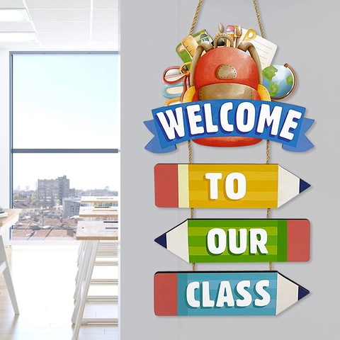 Welkom In Onze Klas Houten Ophangbord Populierenhout Potlood Schooltas Patroon Terug Naar School Klaslokaal Wanddecoratie