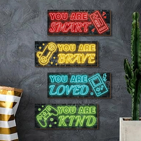Neon Effect Wooden Gaming Wall Decor Plaques Inspirational Quotes Game Controller Wall Sign For Boys Room E-sports Decor