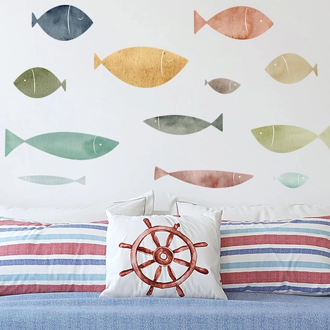 Adesivi Murali Banco di Pesci Acquerello DIY Animali Marini Decalcomanie PVC Impermeabile Autoadesivo Murale per Bagno Camera da Letto