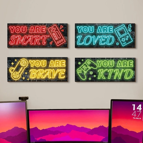 Neon Effect Wooden Gaming Wall Decor Plaques Inspirational Quotes Game Controller Wall Sign For Boys Room E-sports Decor