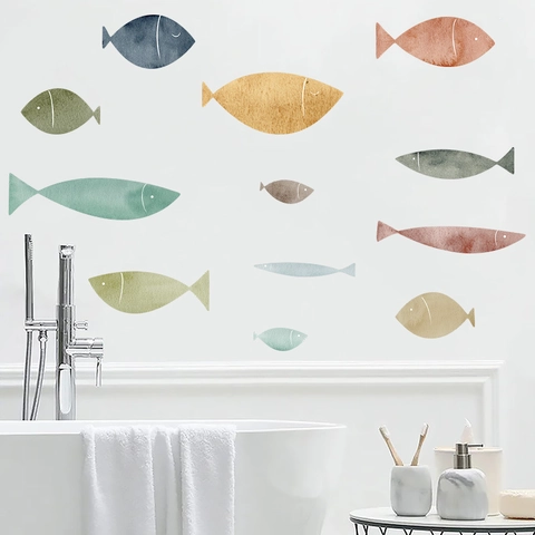 Adesivi Murali Banco di Pesci Acquerello DIY Animali Marini Decalcomanie PVC Impermeabile Autoadesivo Murale per Bagno Camera da Letto
