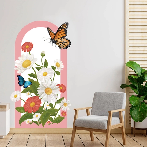 Adesivi Murali Boho ad Arco Geometrico in PVC Impermeabile Motivo Floreale e Farfalla Murale Fai-da-te Rimovibile per Soggiorno