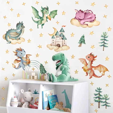 Watercolor Cartoon Dinosaur Wall Stickers For Kids Room Nursery Decor Removable Waterproof PVC Castle Stars Trees Decals