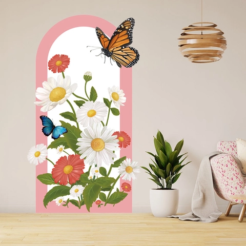 Adesivi Murali Boho ad Arco Geometrico in PVC Impermeabile Motivo Floreale e Farfalla Murale Fai-da-te Rimovibile per Soggiorno