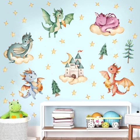 Watercolor Cartoon Dinosaur Wall Stickers For Kids Room Nursery Decor Removable Waterproof PVC Castle Stars Trees Decals