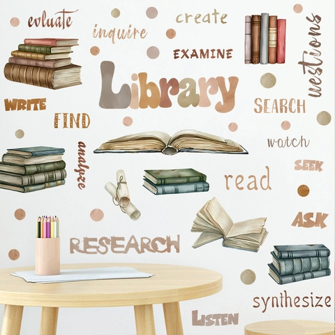 Stickers Muraux Vintage Aquarelle Bibliothèque Livre Pour Salle De Classe Salle De Lecture PVC Autocollant Éducation Mots Inspirants