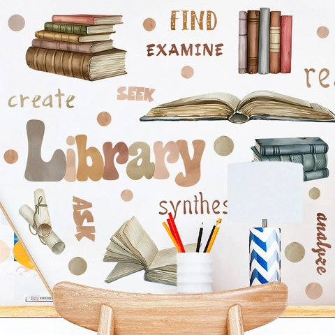 Stickers Muraux Vintage Aquarelle Bibliothèque Livre Pour Salle De Classe Salle De Lecture PVC Autocollant Éducation Mots Inspirants