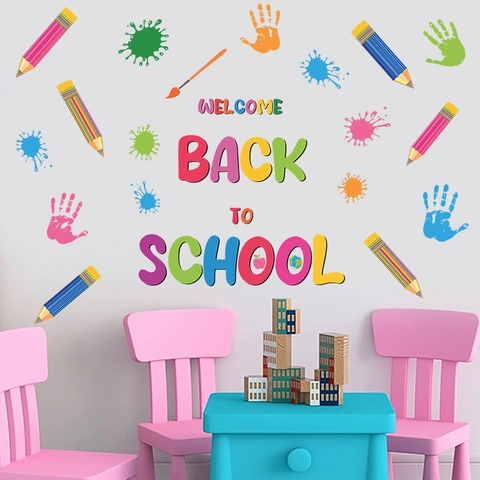 Adesivi Murali Welcome Back To School in Stile Bohemian Decorazione per Aula in PVC Matite Colorate Impronte di Mani