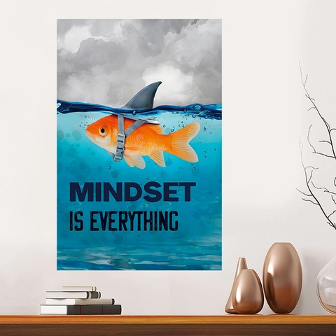 Mindset Is Everything Goldfisch Mit Haiflosse Motivierender Wandaufkleber PVC Selbstklebend Büro Home Decor Poster