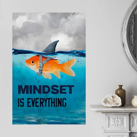 Mindset Is Everything Goldfisch Mit Haiflosse Motivierender Wandaufkleber PVC Selbstklebend Büro Home Decor Poster