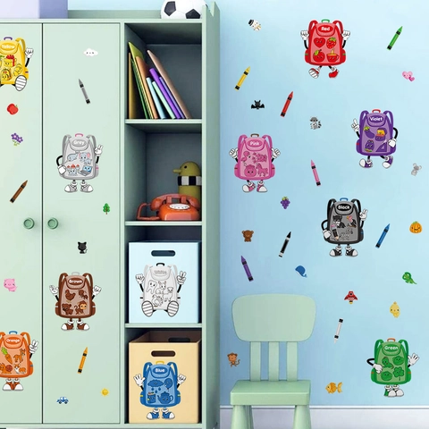 Educational Cartoon Backpack Wall Stickers For Kids Room Color Learning English Words Classroom Playroom PVC Removable Decals