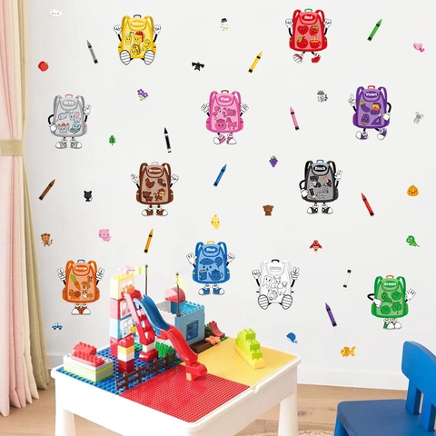 Educational Cartoon Backpack Wall Stickers For Kids Room Color Learning English Words Classroom Playroom PVC Removable Decals