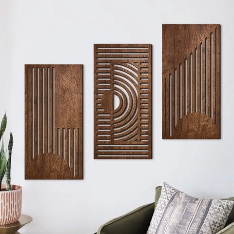 Moderne Minimaliste Ensemble de Décoration Murale en Bois Évidé Triptyque Plaque en Bois Feuilles Tropicales Motifs Géométriques pour Salon