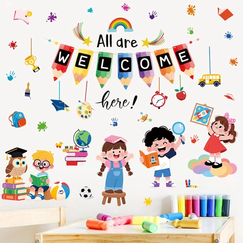 Cartoon Willkommen Zurück Zur Schule Wandaufkleber Für Klassenzimmer Kinderzimmer Dekoration PVC Wasserdichte Pädagogische Schulbus Eule Wandaufkleber