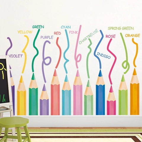 Classroom Wall Decor Crayon Pencil Wall Stickers For Back To School PVC Self Adhesive Educational Color Learning Nursery Decal