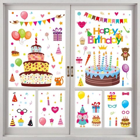 Happy Birthday Window Stickers Set Colorful Cake Balloon Cartoon Animals PVC Self Adhesive Wall Decals For Birthday Party Decor