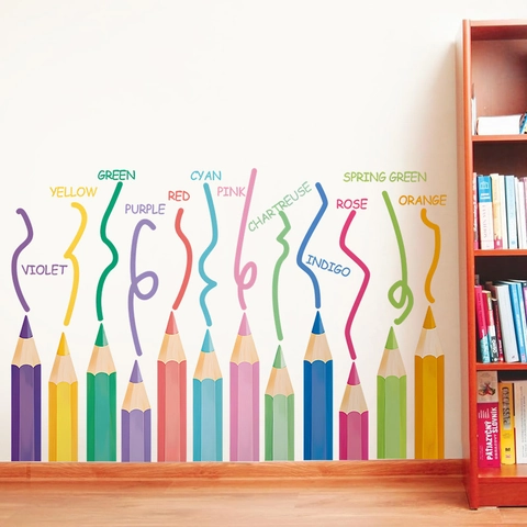 Classroom Wall Decor Crayon Pencil Wall Stickers For Back To School PVC Self Adhesive Educational Color Learning Nursery Decal