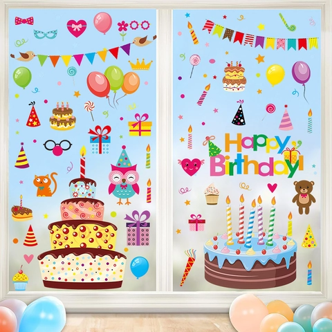 Happy Birthday Window Stickers Set Colorful Cake Balloon Cartoon Animals PVC Self Adhesive Wall Decals For Birthday Party Decor