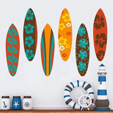 Adesivo da Parete in PVC a Forma di Tavola da Surf Estiva Hawaiiana Fiore di Ibisco Tropicale Onde Strisce Decorazione Casa