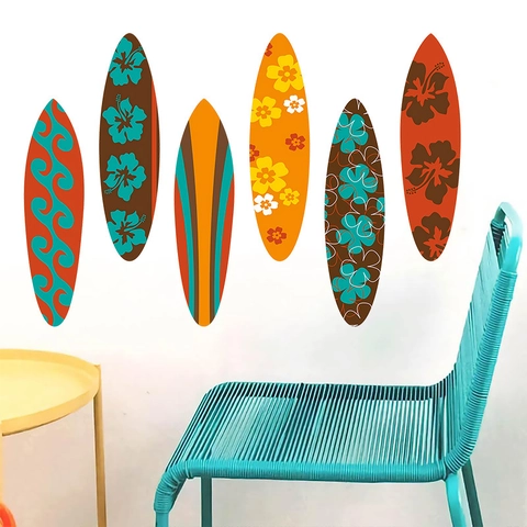 Adesivo da Parete in PVC a Forma di Tavola da Surf Estiva Hawaiiana Fiore di Ibisco Tropicale Onde Strisce Decorazione Casa