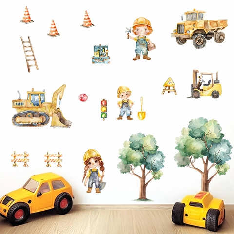 Aquarell Baustellenfahrzeug Kinder Wandaufkleber Cartoon Bagger LKW Kran Aufkleber Für Jungen Schlafzimmer Kindergarten Dekor