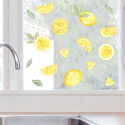 Watercolor Fresh Summer Lemon Wall Stickers PVC Self Adhesive Waterproof Yellow Lemon Tree Leaf Window Decals For Home Kitchen Bedroom Refrigerator Decoration