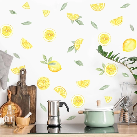 Watercolor Fresh Summer Lemon Wall Stickers PVC Self Adhesive Waterproof Yellow Lemon Tree Leaf Window Decals For Home Kitchen Bedroom Refrigerator Decoration