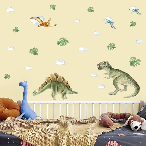 Pegatinas de Pared de Dinosaurio de Acuarela Para Habitación Niños PVC Animales Dibujos Animados Calcomanías de Pared Removibles