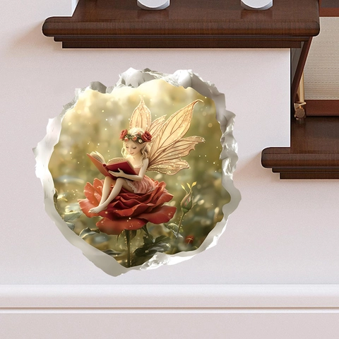 3D Fee Liest Buch Wandtattoo PVC Selbstklebend Loch In Der Wand Effekt Rote Rose Blume Fee Wandaufkleber Für Kinderzimmer
