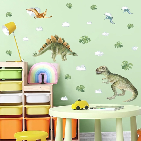 Pegatinas de Pared de Dinosaurio de Acuarela Para Habitación Niños PVC Animales Dibujos Animados Calcomanías de Pared Removibles